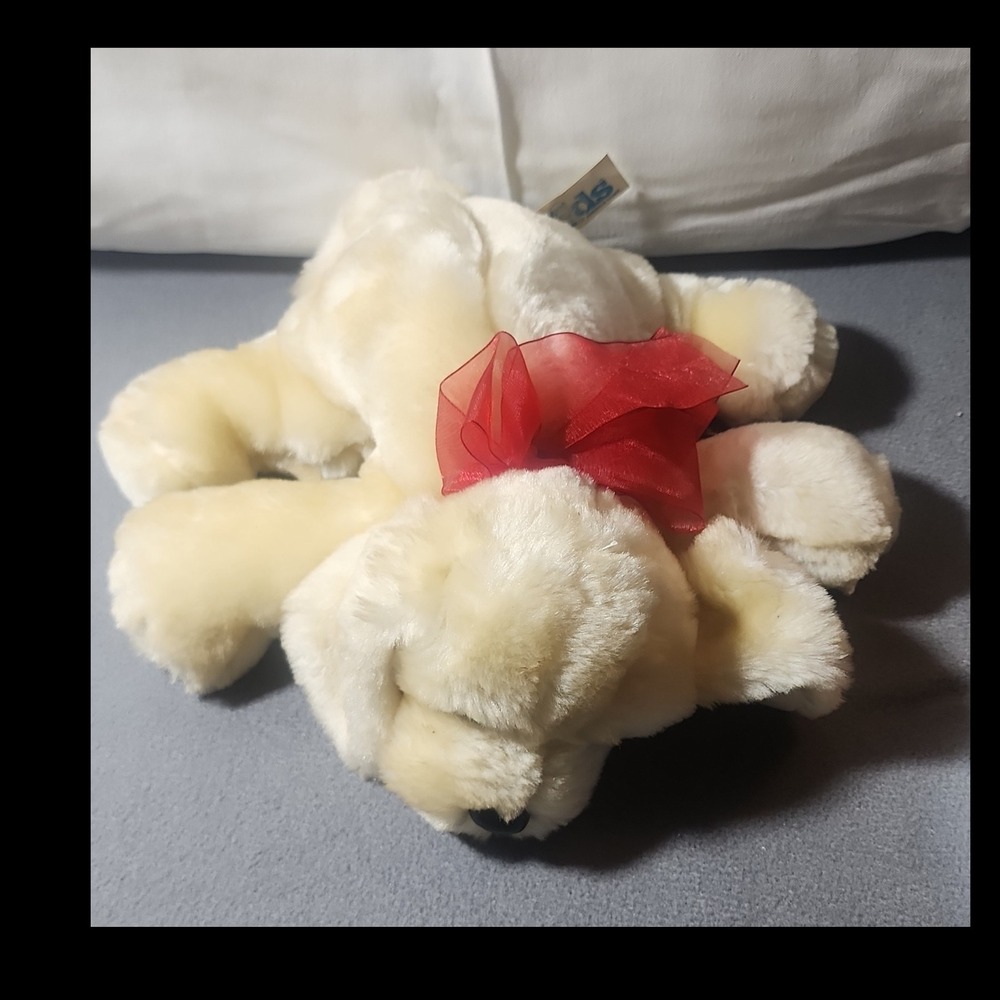 Kids Beige Dog Medium Stuffed Animal Plush, Red Bow, 14-24 in, Beige/Red